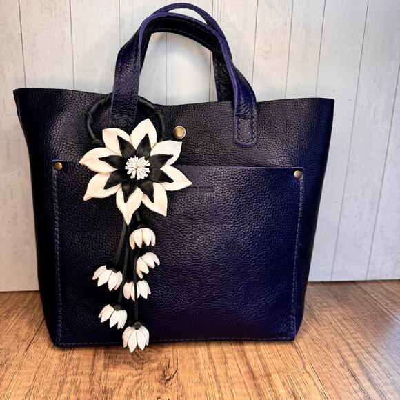 Black White Flower Purse Charm Genuine Leather Flower Bag Charm NEW FAST SHIP - Picture 2 of 7